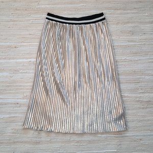 Millibon Metallic Gold Pleated Midi Skirt with Knit Waistband Size L Like New